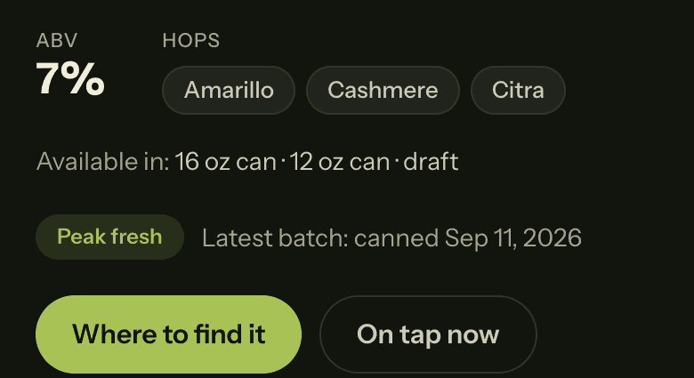 The freshness row of the Ever Haze page: ABV, hop pills, formats, a peak fresh label and the where to find it button.