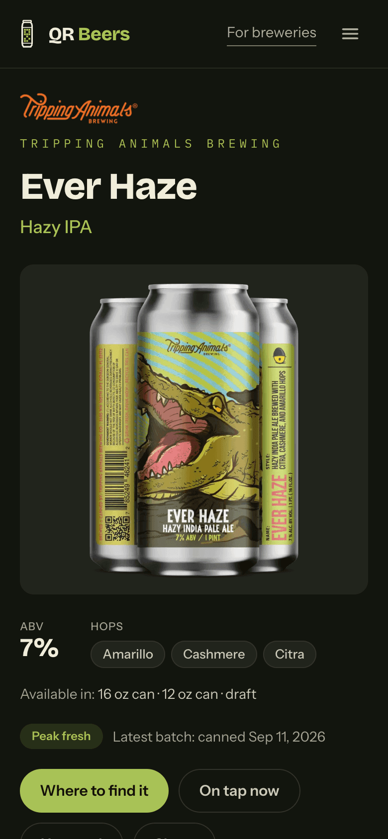 The Ever Haze beer page on a phone: can art, ABV and hops, freshness and where to find it.
