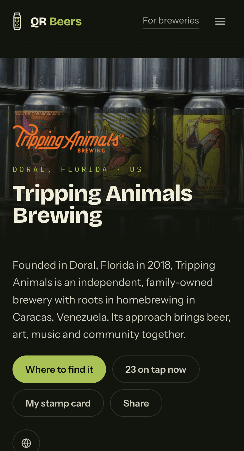 The Tripping Animals Brewing page on a phone: hero photo, the brewery story and what a drinker can do next.
